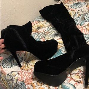 Black velvet thigh high heels